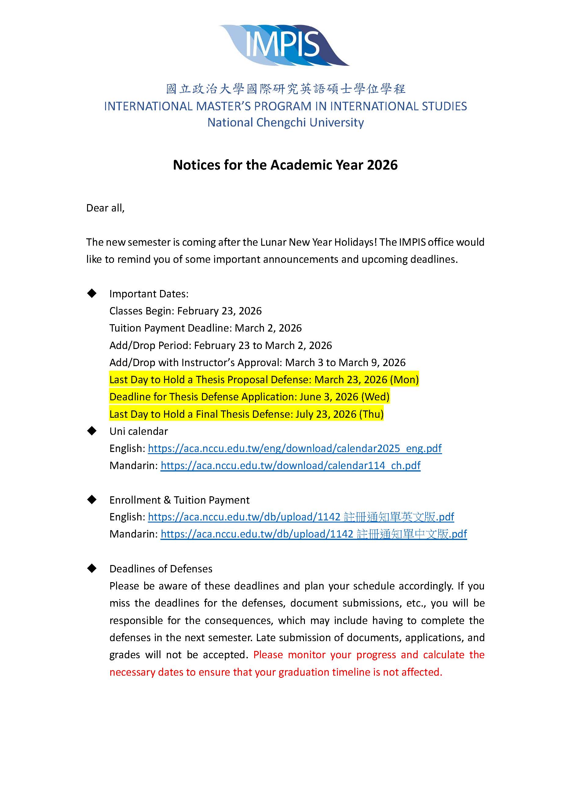 Notices for the Academic Year 2026